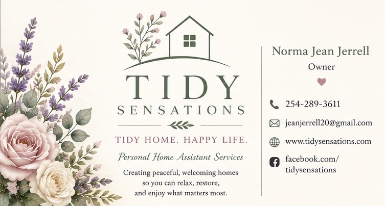 Tidy Sensations business card for Norma Jean Jerrell, Owner