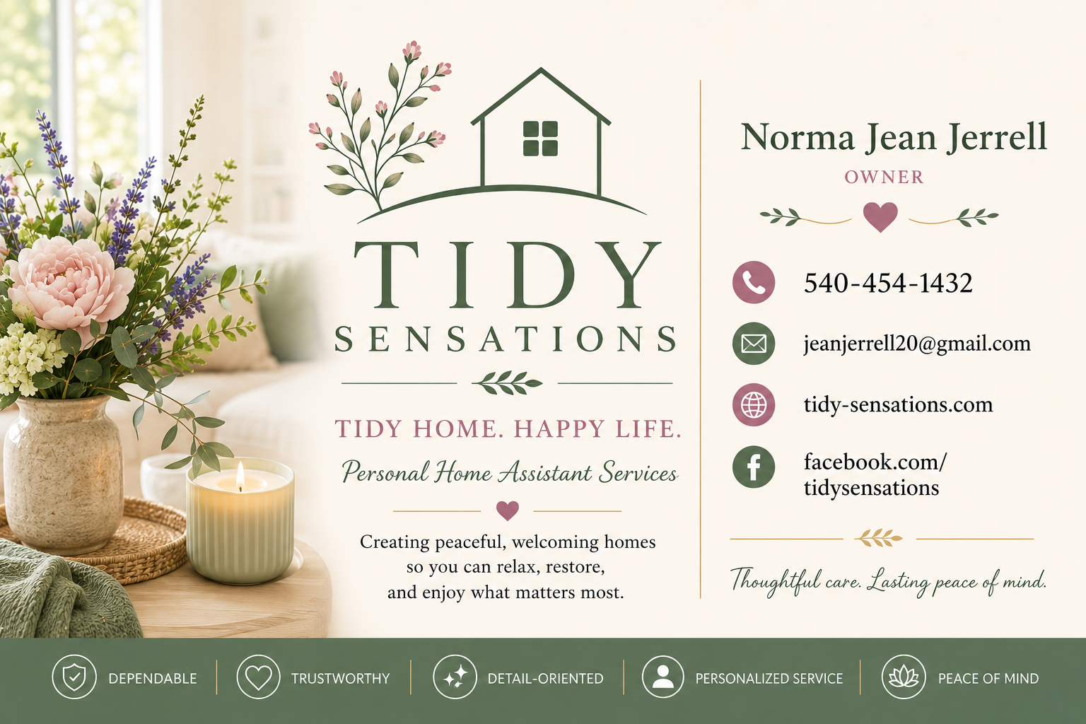 Tidy Sensations business card for Norma Jean Jerrell, Owner