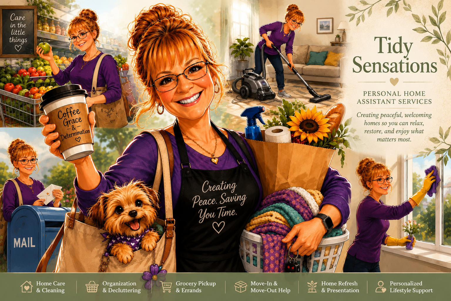 Illustrated collage showing Tidy Sensations home care, errands, organization, and lifestyle support
